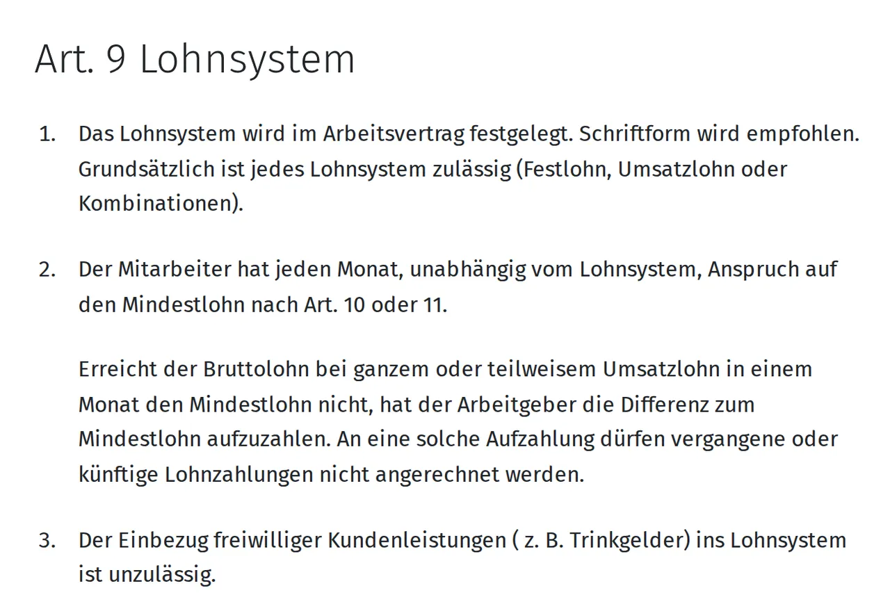 The text of Article 9 of the L-GAV on pay systems, in German: item 1 allows fixed pay, turnover-based pay or a mix, item 2 guarantees the minimum wage every month, item 3 bans including tips in the pay system
