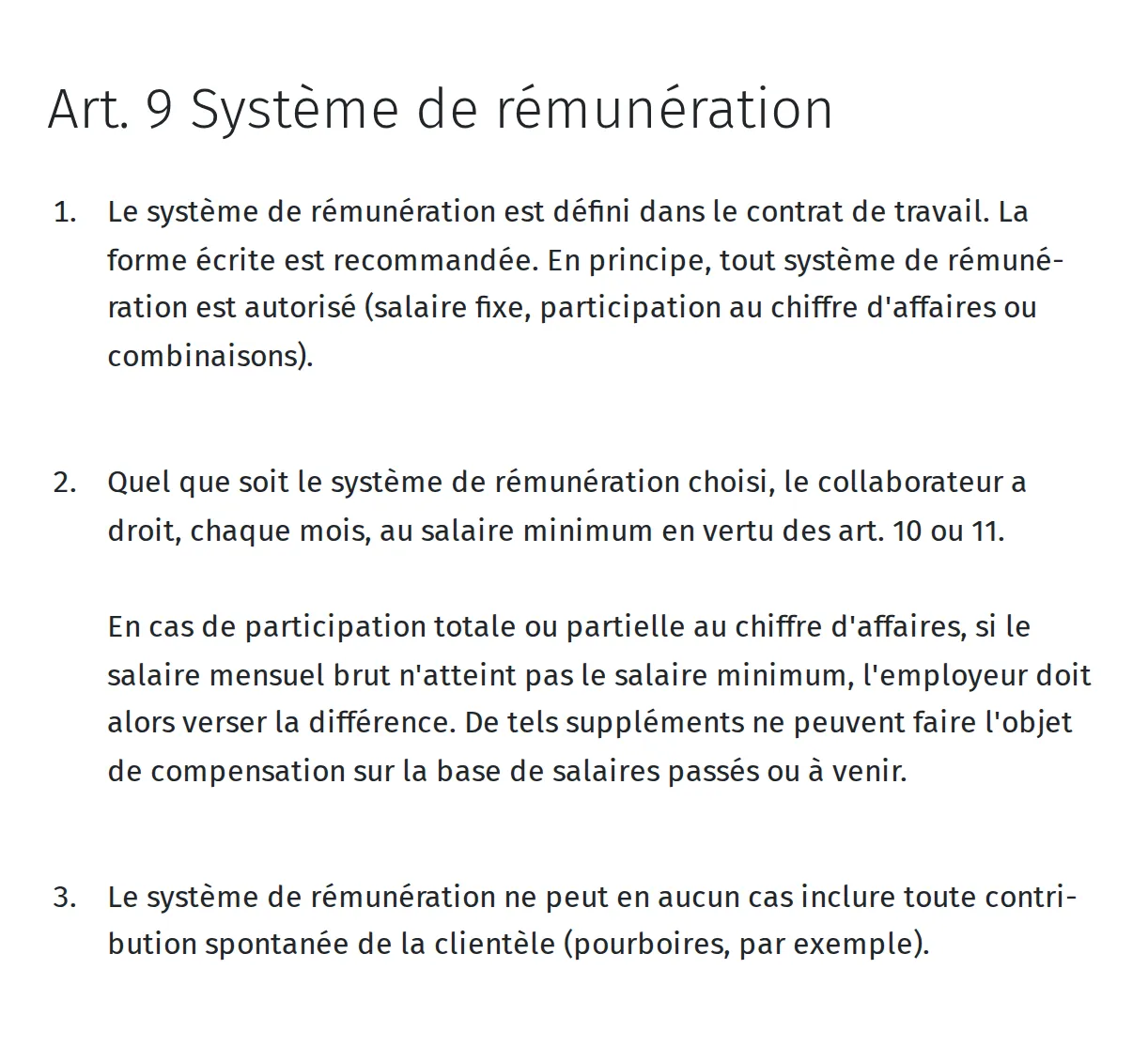 Texte de l’article 9 de la CCNT sur le système de rémunération : le chiffre 1 autorise salaire fixe, part au chiffre d’affaires ou les deux, le chiffre 2 garantit chaque mois le salaire minimum, le chiffre 3 exclut les pourboires